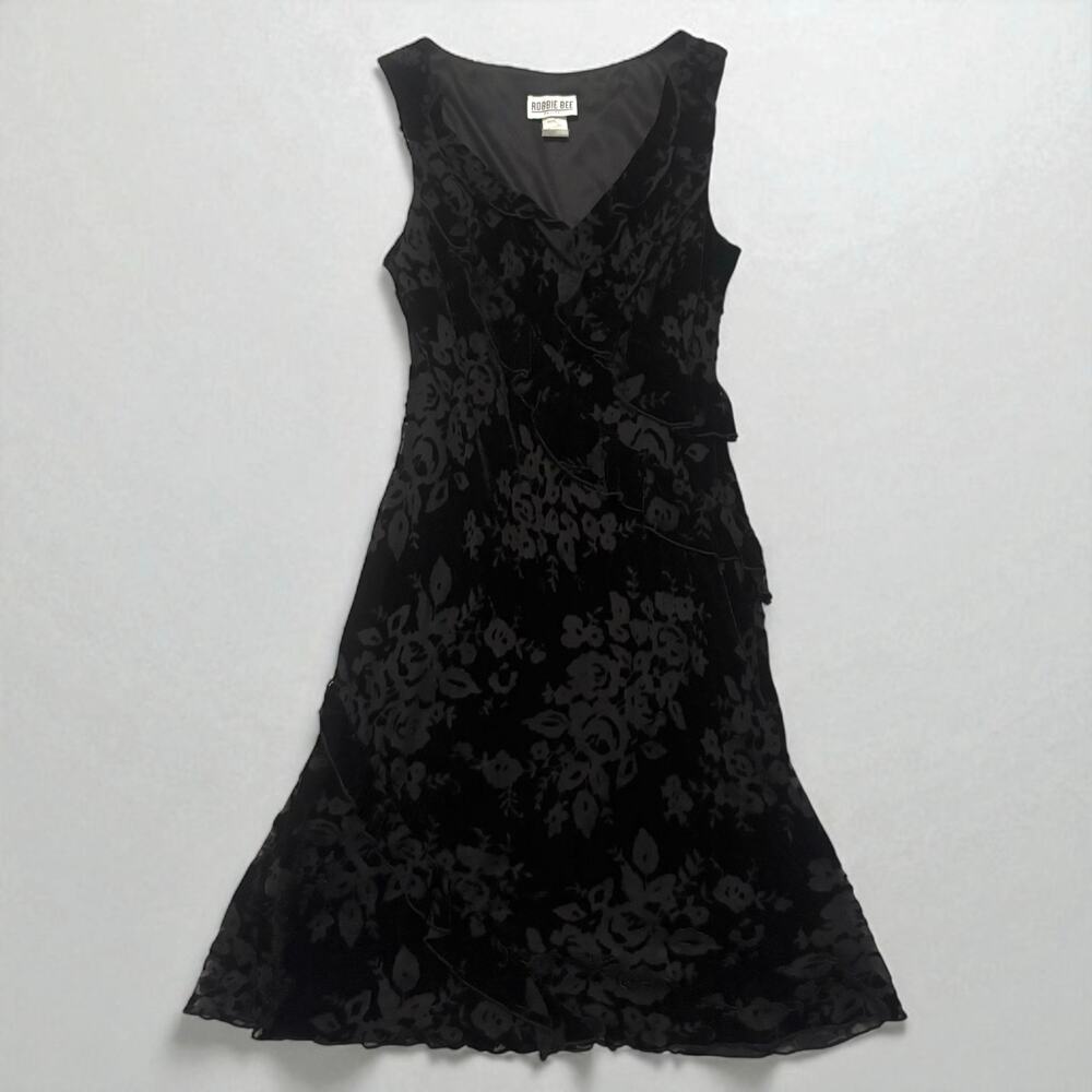 VTG Y2K Velvet Burnout Mini Dress Sz 8P Robbie Bee Black Ruffles Whimsigoth Hoco